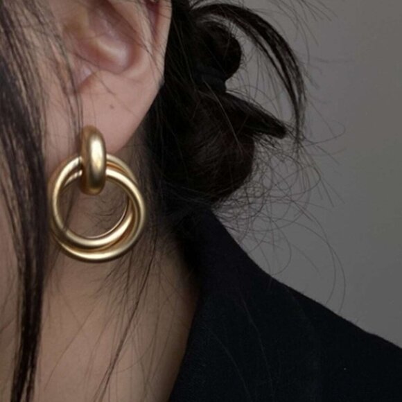 Matte Gold Trendy Double Hoop Post Earrings, NWT - Picture 2 of 9